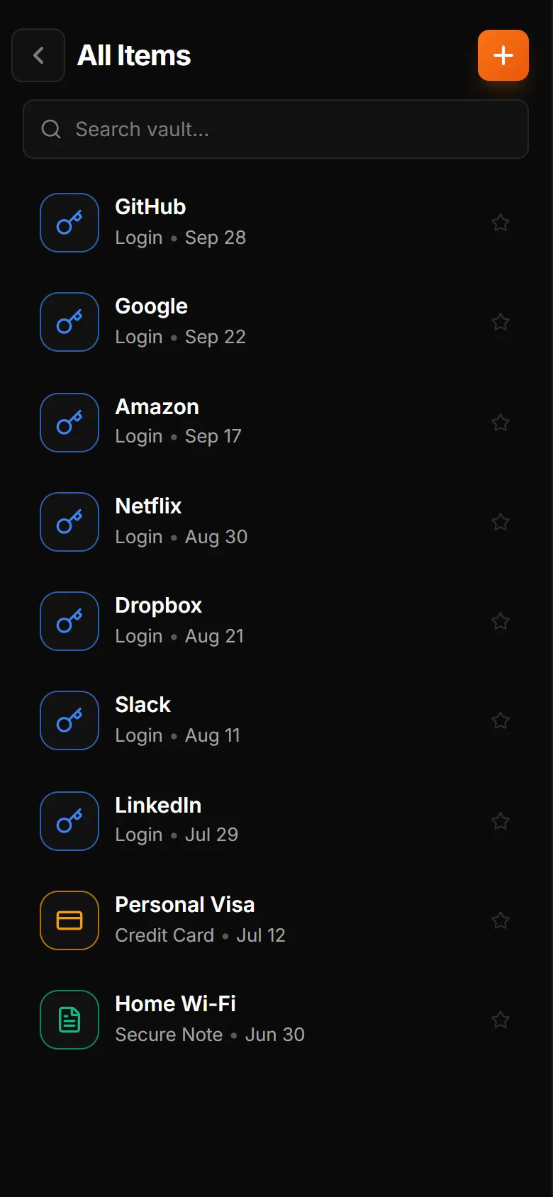 Walilock on an Android phone, showing a list of logins