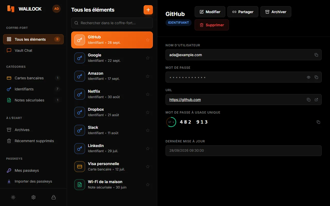 L’application de bureau Walilock avec un identifiant ouvert