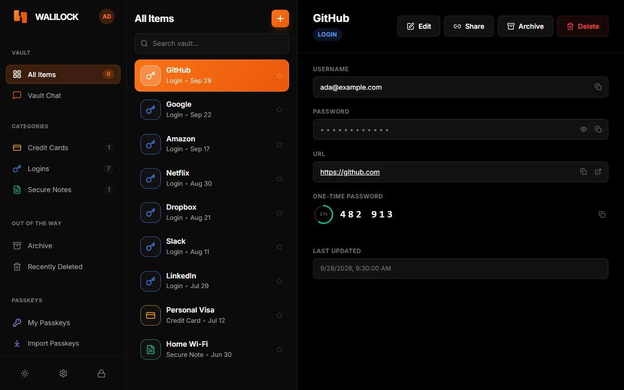The Walilock desktop app with a login open